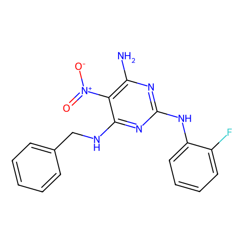 N4-Benzyl-N2-(2-fluorophenyl)-5-nitropyrimidine-2,4,6-triamine structure
