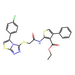 ETHYL 2-(2-{[5-(4-CHLOROPHENYL)-[1,2,4]TRIAZOLO[3,4-B][1,3]THIAZOL-3-YL]SULFANYL}ACETAMIDO)-4-PHENYLTHIOPHENE-3-CARBOXYLATE structure