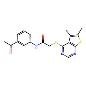 N-(3-acetylphenyl)-2-((5,6-dimethylthieno[2,3-d]pyrimidin-4-yl)thio)acetamide structure