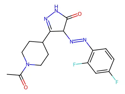 3-(1-acetylpiperidin-4-yl)-4-[(2,4-difluorophenyl)diazenyl]-1,4-dihydropyrazol-5-one structure