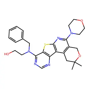 2-(benzyl(2,2-dimethyl-5-morpholino-2,4-dihydro-1H-pyrano[4'',3'':4',5']pyrido[3',2':4,5]thieno[3,2-d]pyrimidin-8-yl)amino)ethanol structure