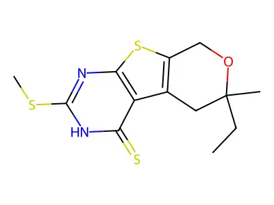 6-ethyl-6-methyl-2-(methylthio)-5,8-dihydro-3H-pyrano[2,3]thieno[2,4-b]pyrimidine-4-thione structure