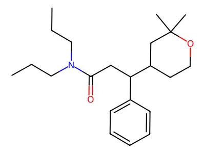 3-(2,2-dimethyloxan-4-yl)-3-phenyl-N,N-dipropylpropanamide structure