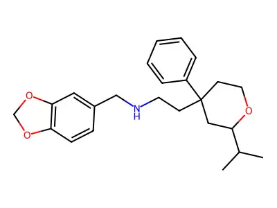 N-(1,3-benzodioxol-5-ylmethyl)-2-(4-phenyl-2-propan-2-yloxan-4-yl)ethanamine structure