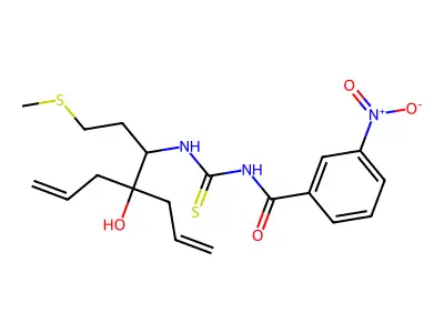 N-[(4-hydroxy-1-methylsulfanyl-4-prop-2-enylhept-6-en-3-yl)carbamothioyl]-3-nitrobenzamide structure
