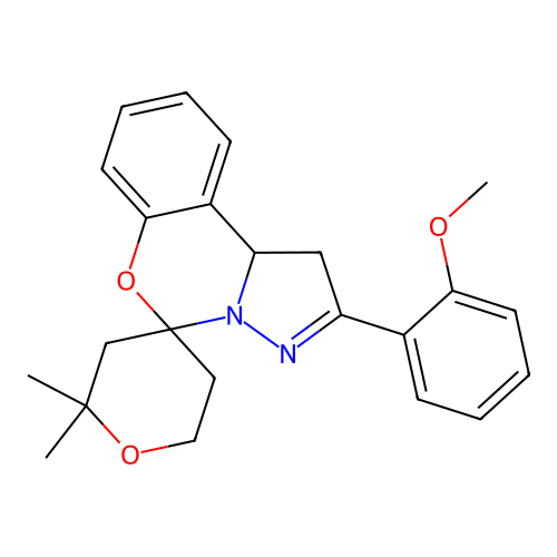 2'-(2-methoxyphenyl)-2,2-dimethyl-1',2,3,5,6,10b'-hexahydrospiro[pyran-4,5'-pyrazolo[1,5-c][1,3]benzoxazine] structure