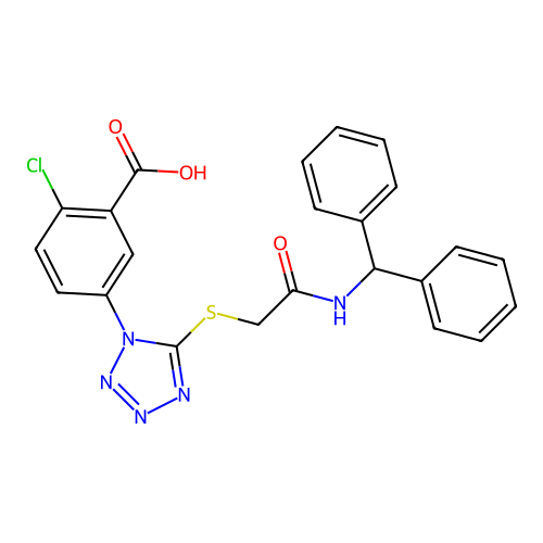 5-(5-((2-(benzhydrylamino)-2-oxoethyl)thio)-1H-tetrazol-1-yl)-2-chlorobenzoic acid structure