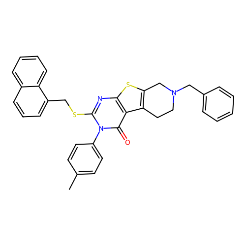 7-benzyl-2-((naphthalen-1-ylmethyl)thio)-3-(p-tolyl)-5,6,7,8-tetrahydropyrido[4',3':4,5]thieno[2,3-d]pyrimidin-4(3H)-one structure