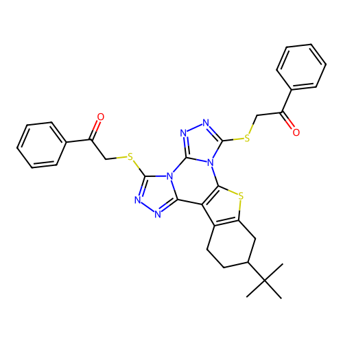 2,2'-((11-(tert-butyl)-10,11,12,13-tetrahydrobenzo[4,5]thieno[3,2-e]bis([1,2,4]triazolo)[4,3-a:4',3'-c]pyrimidine-3,7-diyl)bis(sulfanediyl))bis(1-phenylethanone) structure