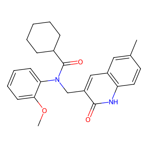 N-((2-hydroxy-6-methylquinolin-3-yl)methyl)-N-(2-methoxyphenyl)cyclohexanecarboxamide structure