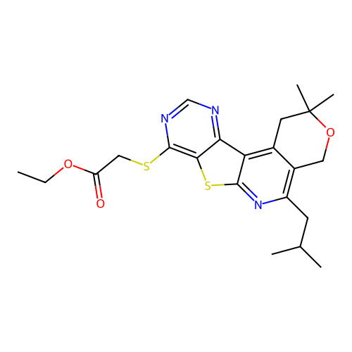ethyl [(5-isobutyl-2,2-dimethyl-1,4-dihydro-2H-pyrano[4'',3'':4',5']pyrido[3',2':4,5]thieno[3,2-d]pyrimidin-8-yl)thio]acetate structure