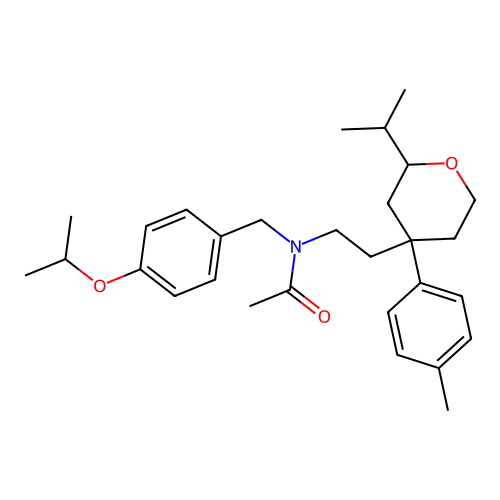 N-(4-isopropoxybenzyl)-N-{2-[2-isopropyl-4-(4-tolyl)tetrahydropyran-4-yl]ethyl}acetamide structure