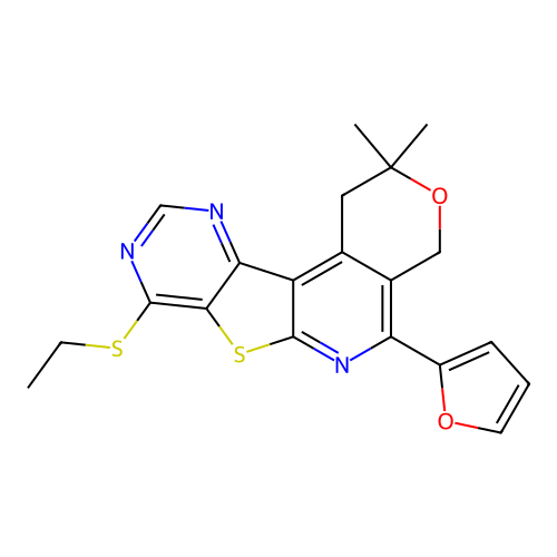 8-(ethylsulfanyl)-5-(furan-2-yl)-2,2-dimethyl-1,4-dihydro-2H-pyrano[4'',3'':4',5']pyrido[3',2':4,5]thieno[3,2-d]pyrimidine structure