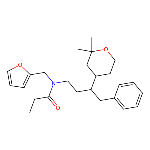 N-[3-(2,2-dimethyloxan-4-yl)-4-phenylbutyl]-N-(furan-2-ylmethyl)propanamide structure