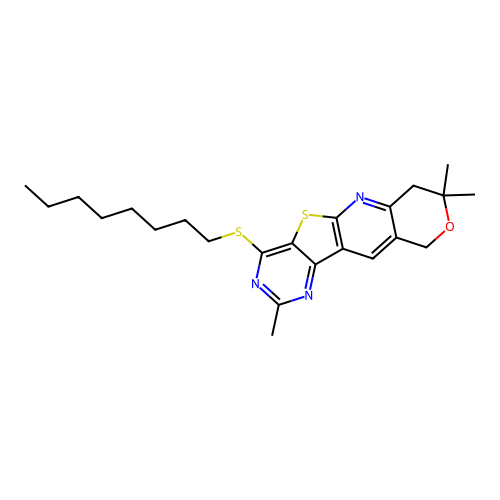 2,8,8-trimethyl-4-(octylsulfanyl)-7,10-dihydro-8H-pyrano[3'',4'':5',6']pyrido[3',2':4,5]thieno[3,2-d]pyrimidine structure