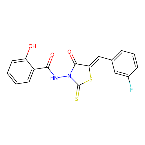 (Z)-N-(5-(3-fluorobenzylidene)-4-oxo-2-thioxothiazolidin-3-yl)-2-hydroxybenzamide structure