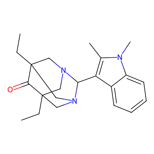 (5s,7s)-2-(1,2-dimethyl-1H-indol-3-yl)-5,7-diethyl-1,3-diazaadamantan-6-one structure