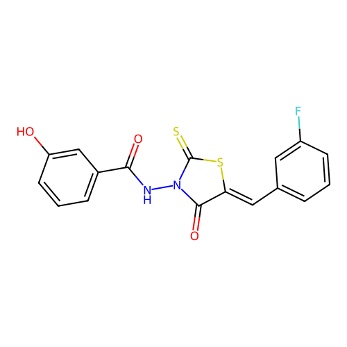(Z)-N-(5-(3-fluorobenzylidene)-4-oxo-2-thioxothiazolidin-3-yl)-3-hydroxybenzamide structure
