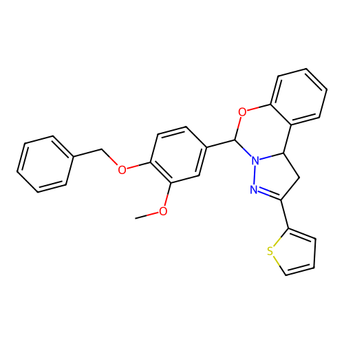5-(3-methoxy-4-phenylmethoxyphenyl)-2-thiophen-2-yl-5,10b-dihydro-1H-pyrazolo[1,5-c][1,3]benzoxazine structure