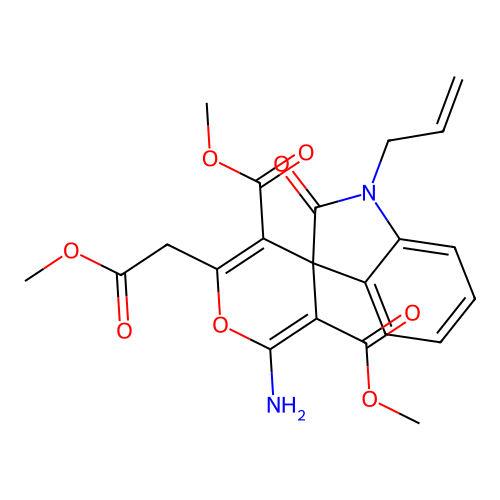 3',5'-DIMETHYL 2'-AMINO-6'-(2-METHOXY-2-OXOETHYL)-2-OXO-1-(PROP-2-EN-1-YL)-1,2-DIHYDROSPIRO[INDOLE-3,4'-PYRAN]-3',5'-DICARBOXYLATE structure