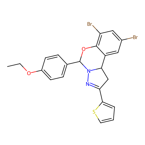 7,9-dibromo-5-(4-ethoxyphenyl)-2-(thiophen-2-yl)-1,10b-dihydropyrazolo[1,5-c][1,3]benzoxazine structure