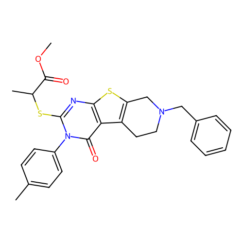 methyl 2-((7-benzyl-4-oxo-3-(p-tolyl)-3,4,5,6,7,8-hexahydropyrido[4',3':4,5]thieno[2,3-d]pyrimidin-2-yl)thio)propanoate structure