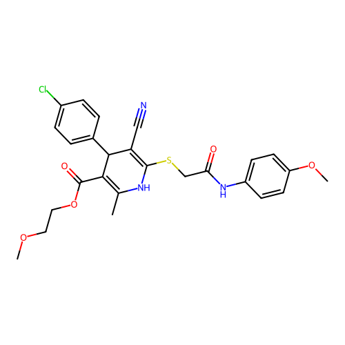 2-methoxyethyl 4-(4-chlorophenyl)-5-cyano-6-((2-((4-methoxyphenyl)amino)-2-oxoethyl)thio)-2-methyl-1,4-dihydropyridine-3-carboxylate structure