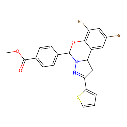 methyl 4-[7,9-dibromo-2-(thiophen-2-yl)-1,10b-dihydropyrazolo[1,5-c][1,3]benzoxazin-5-yl]benzoate structure