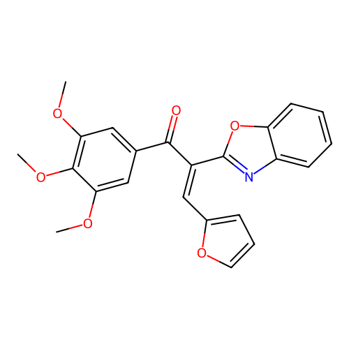 (2E)-2-(1,3-benzoxazol-2-yl)-3-(furan-2-yl)-1-(3,4,5-trimethoxyphenyl)prop-2-en-1-one structure