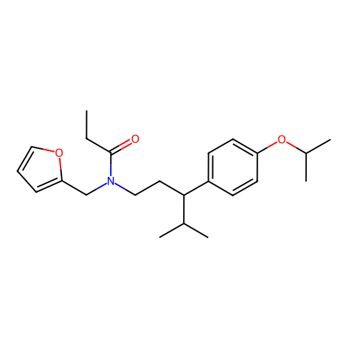 N-(furan-2-ylmethyl)-N-(3-(4-isopropoxyphenyl)-4-methylpentyl)propionamide structure