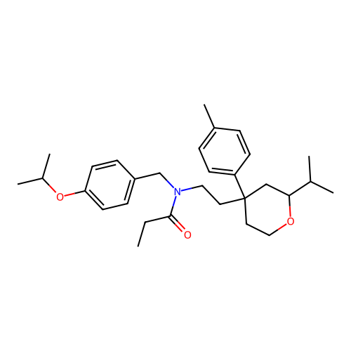 N-(4-isopropoxybenzyl)-N-(2-(2-isopropyl-4-(p-tolyl)tetrahydro-2H-pyran-4-yl)ethyl)propionamide structure