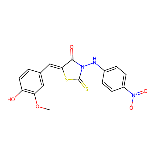(Z)-5-(4-hydroxy-3-methoxybenzylidene)-3-((4-nitrophenyl)amino)-2-thioxothiazolidin-4-one structure