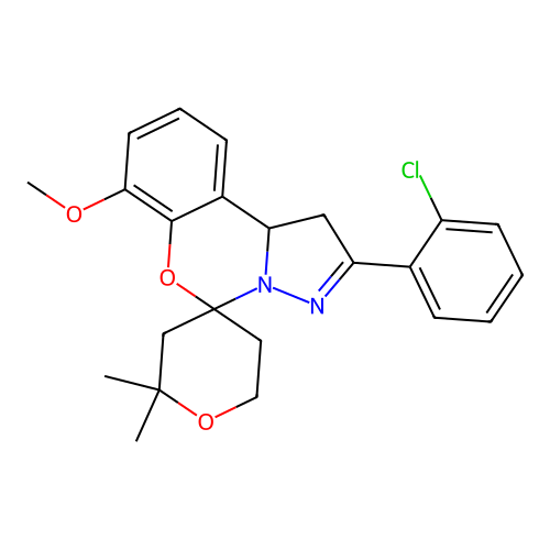 2'-(2-chlorophenyl)-7'-methoxy-2,2-dimethyl-1',2,3,5,6,10b'-hexahydrospiro[pyran-4,5'-pyrazolo[1,5-c][1,3]benzoxazine] structure