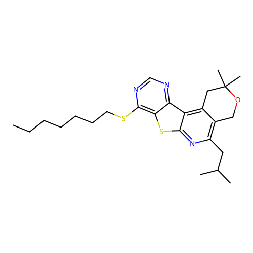 8-(heptylsulfanyl)-2,2-dimethyl-5-(2-methylpropyl)-1,4-dihydro-2H-pyrano[4'',3'':4',5']pyrido[3',2':4,5]thieno[3,2-d]pyrimidine structure