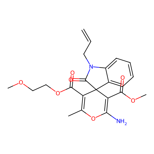5'-(2-methoxyethyl) 3'-methyl 1-allyl-2'-amino-6'-methyl-2-oxospiro[indoline-3,4'-pyran]-3',5'-dicarboxylate structure