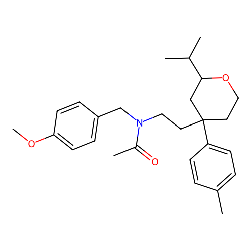 N-(2-(2-isopropyl-4-(p-tolyl)tetrahydro-2H-pyran-4-yl)ethyl)-N-(4-methoxybenzyl)acetamide structure