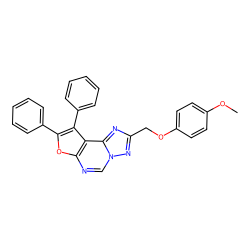 2-[(4-methoxyphenoxy)methyl]-8,9-diphenylfuro[3,2-e][1,2,4]triazolo[1,5-c]pyrimidine structure