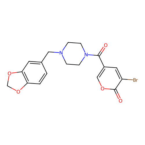 5-(4-(benzo[d][1,3]dioxol-5-ylmethyl)piperazine-1-carbonyl)-3-bromo-2H-pyran-2-one structure