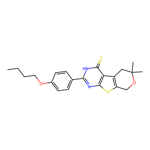 2-(4-butoxyphenyl)-6,6-dimethyl-3,5,6,8-tetrahydro-4H-pyrano[4',3':4,5]thieno[2,3-d]pyrimidine-4-thione structure