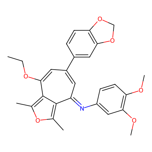 (E)-N-(6-(benzo[d][1,3]dioxol-5-yl)-8-ethoxy-1,3-dimethyl-4H-cyclohepta[c]furan-4-ylidene)-3,4-dimethoxyaniline structure