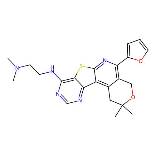 N'-[5-(furan-2-yl)-2,2-dimethyl-1,4-dihydro-2H-pyrano[4'',3'':4',5']pyrido[3',2':4,5]thieno[3,2-d]pyrimidin-8-yl]-N,N-dimethylethane-1,2-diamine structure