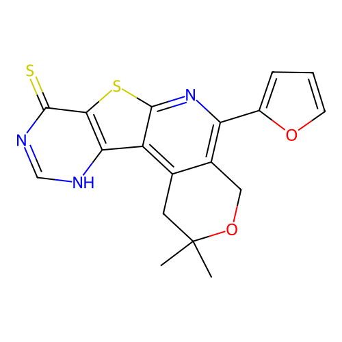 5-(furan-2-yl)-2,2-dimethyl-1,4-dihydro-2H-pyrano[4'',3'':4',5']pyrido[3',2':4,5]thieno[3,2-d]pyrimidine-8(9H)-thione structure
