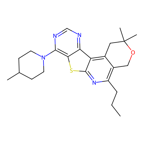 2,2-dimethyl-8-(4-methylpiperidin-1-yl)-5-propyl-1,4-dihydro-2H-pyrano[4'',3'':4',5']pyrido[3',2':4,5]thieno[3,2-d]pyrimidine structure