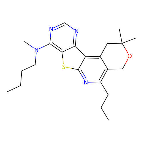 N-butyl-N,2,2-trimethyl-5-propyl-1,4-dihydro-2H-pyrano[4'',3'':4',5']pyrido[3',2':4,5]thieno[3,2-d]pyrimidin-8-amine structure