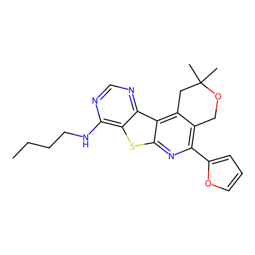N-butyl-5-(furan-2-yl)-2,2-dimethyl-1,4-dihydro-2H-pyrano[4'',3'':4',5']pyrido[3',2':4,5]thieno[3,2-d]pyrimidin-8-amine structure