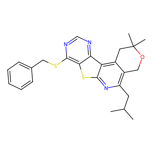 8-(benzylsulfanyl)-2,2-dimethyl-5-(2-methylpropyl)-1,4-dihydro-2H-pyrano[4'',3'':4',5']pyrido[3',2':4,5]thieno[3,2-d]pyrimidine structure