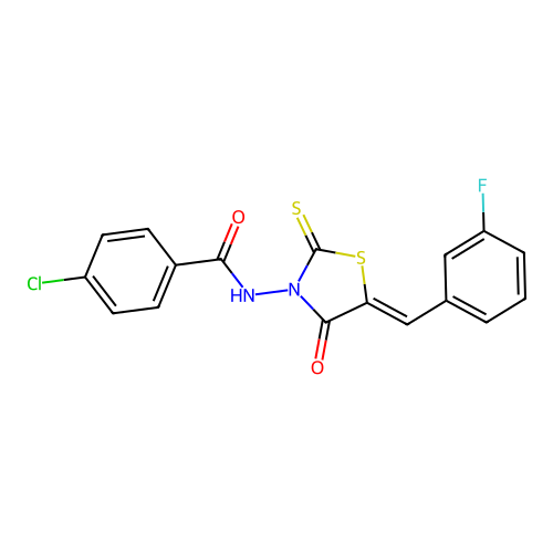 (Z)-4-chloro-N-(5-(3-fluorobenzylidene)-4-oxo-2-thioxothiazolidin-3-yl)benzamide structure