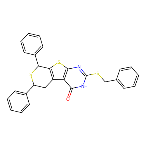 2-(benzylthio)-6,8-diphenyl-5,6-dihydro-3H-thiopyrano[4',3':4,5]thieno[2,3-d]pyrimidin-4(8H)-one structure