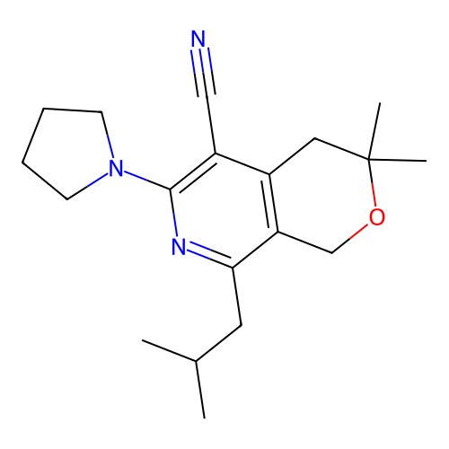 3,3-dimethyl-8-(2-methylpropyl)-6-(pyrrolidin-1-yl)-3,4-dihydro-1H-pyrano[3,4-c]pyridine-5-carbonitrile structure