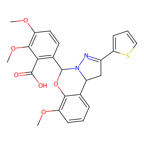 2,3-dimethoxy-6-[7-methoxy-2-(thiophen-2-yl)-1,10b-dihydropyrazolo[1,5-c][1,3]benzoxazin-5-yl]benzoic acid structure